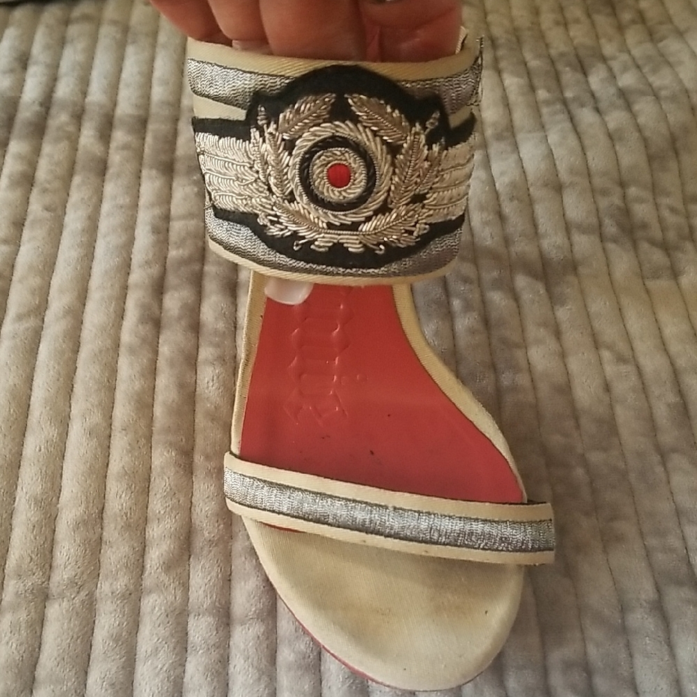 Embroidered Ankle-Cuff Sandal in Red and Cream